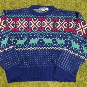 90s blue reindeer‎ sweater Size L #retro #knitwear